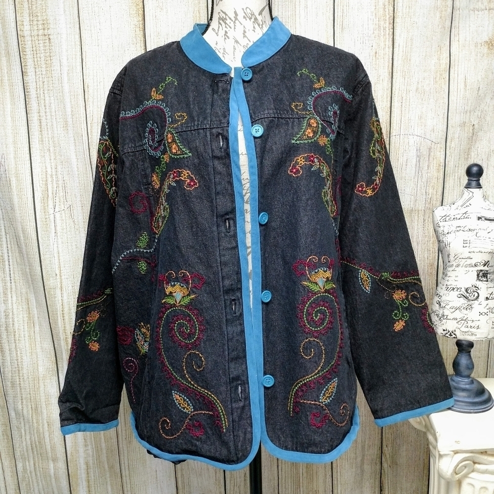 Denim & Co. Dark Jean Jacket Embroidered 1X